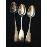 Three silver serving spoons,(220g) Hallmarked London 1804, 1829, and indestinct