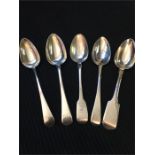Five assorted silver dessert spoons, London 1823, 1811, 1828, 1802.(175g)