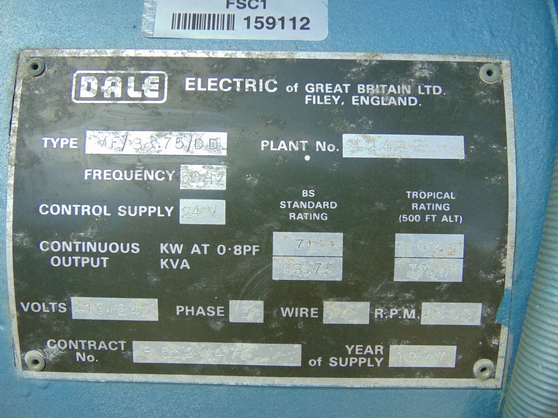 Dale MF/88.75/DD 88.75 KVA 3 Phase Diesel Generator - Image 6 of 10