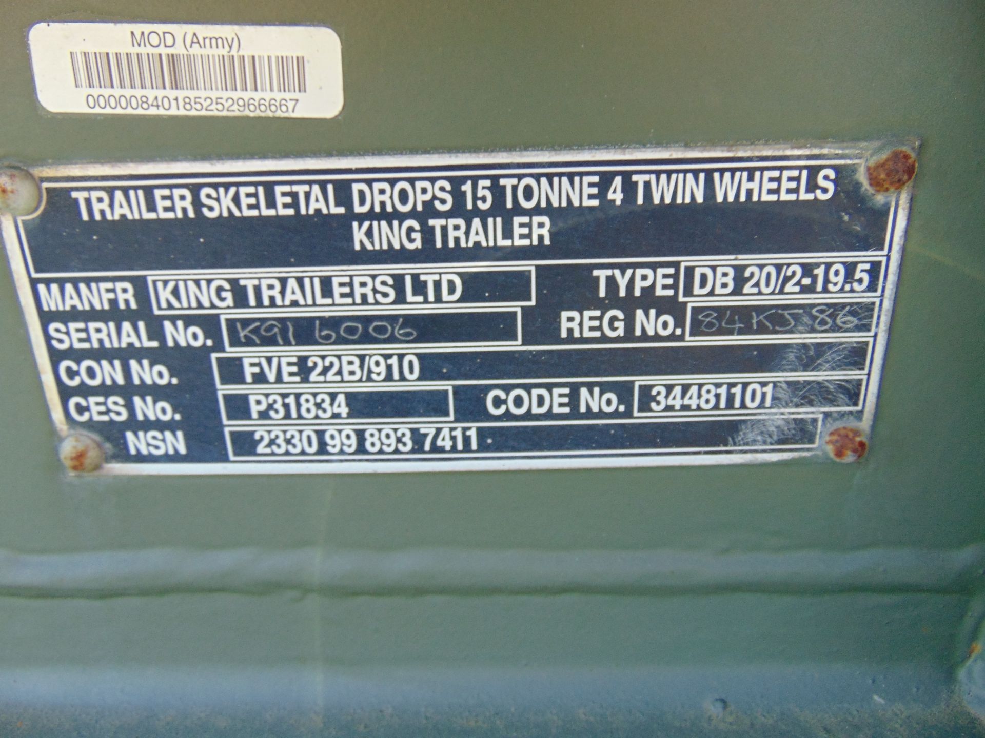 Ex Reserve King DB 2 Axle 15 Tonne Skeletal drops/skip/container Trailer complete with Twist Locks - Image 6 of 7