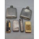 Two pewter hip flasks by A.R. Wentworth, both inscribed and four cigarette lighters to include two