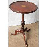 A Sheraton-style mahogany wine table with shell-scroll marquetry to top on tripod base, 51 x 30cm