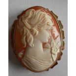 A shell cameo brooch in cream / white relief depicting the head and shoulders of a lady,