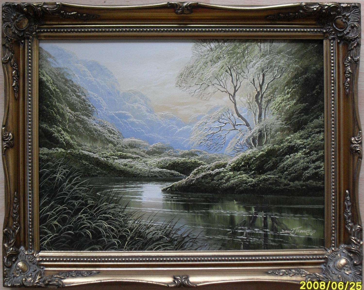 David James, 'VERDANT SCENE BY RIVER', oil on canvas, signed bottom right, framed 30 x 40 cm