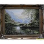 David James, 'VERDANT SCENE BY RIVER', oil on canvas, signed bottom right, framed 30 x 40 cm