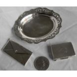 A Birmingham silver stamp or card holder in the form of a hinged envelope, 1.1 oz; a Continental