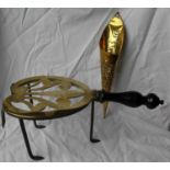 A Victorian brass trivet with wooden handle, a brass hanging spill or bud vase and six miniature