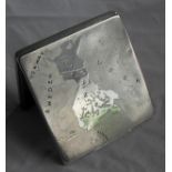 A London silver cigarette case with engine-turn design with an etched map of Scandinavia to top,