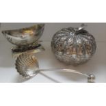 A white metal Continental-style melon-shaped trinket box with embossed fern and acorn decoration,