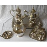 A matching silver plated tea and coffee pot on tray, tea strainer, circular bowl, pepper shaker,