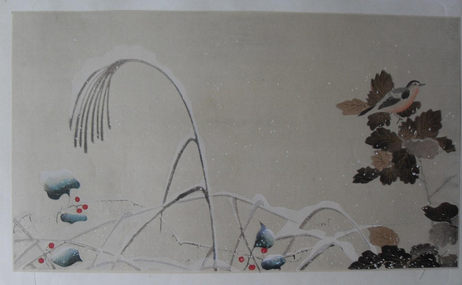 Hoitsu Jonin (1761-1828), 'BIRDS AND FLOWERS IN THE SNOW' and 'A FROTHY POPPY' colour woodblock - Image 4 of 4