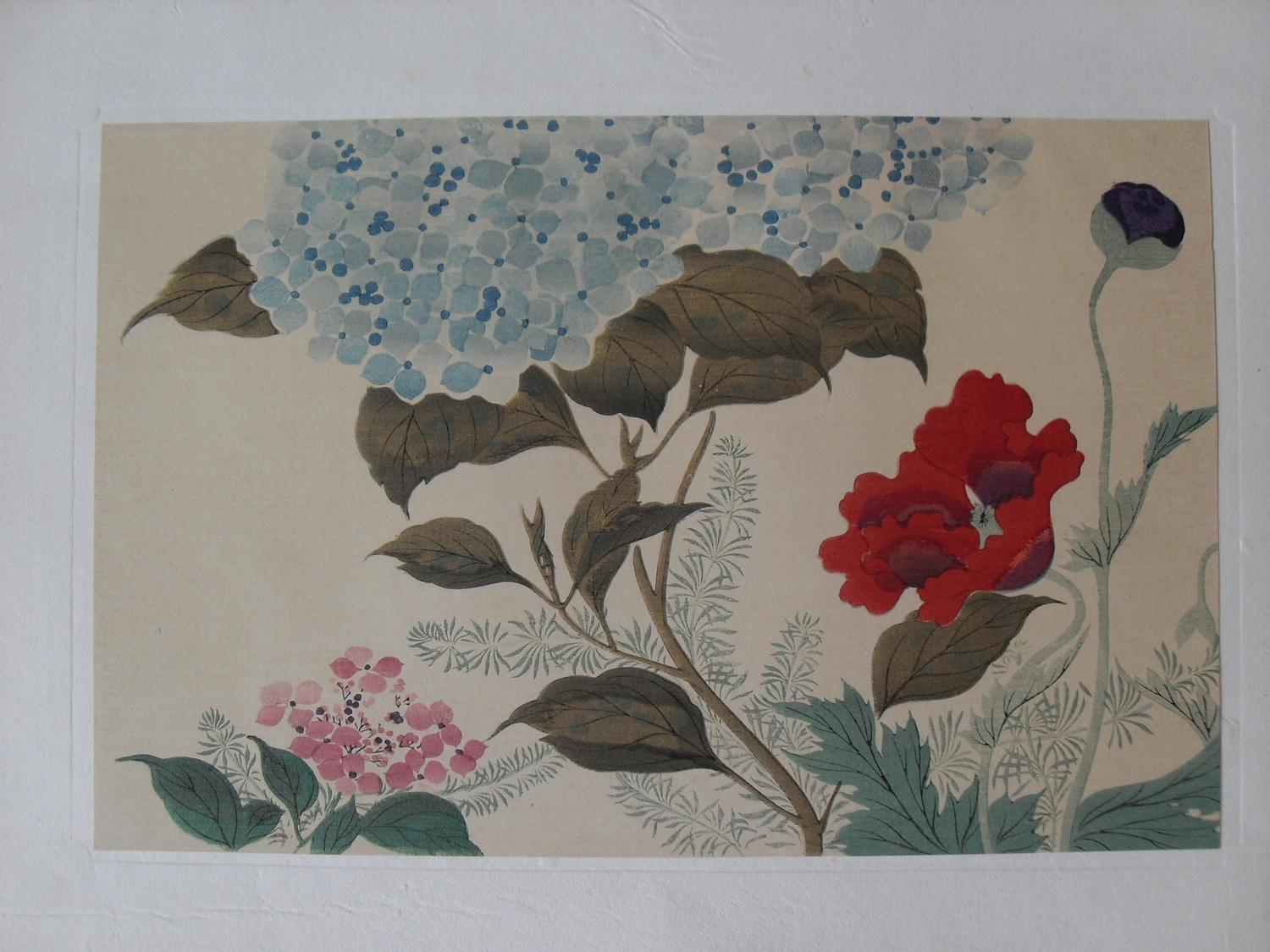 Hoitsu Jonin (1761-1828), 'BIRDS AND FLOWERS IN THE SNOW' and 'A FROTHY POPPY' colour woodblock