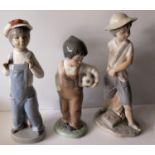 A Lladro figurine of a boy with a cap, two other NAO figurines of young boys, one with football