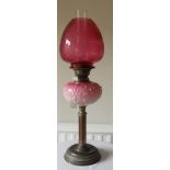 A VICTORIAN BRASS OIL LAMP with reeded pillar and foot, blancmange pink glass fount, brass duplex