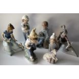 Two Lladro figurines of young girls, one with a lamb the other with book and dog, with three NAO