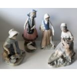 A Lladro figurine of a goose girl, three NAO figurines of young ladies with dog, cat and goose (4)