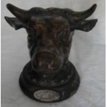 A bronze head of a bull staging post finial, 13 cm H