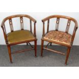A pair of Edwardian mahogany-framed tub chairs with elaborate string inlay to top rails and