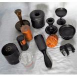 A selection of ebony dressing table items x 6, a Victorian medicine measure glass and treen items (