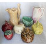 Five Sylvac character face pot series, a Sylvac heron jug, Sylvac brick oval vase and plate and