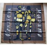 A Hermes Paris boxed silk scarf 'Madame / Monsieur' 90x 90 cm, as new.