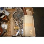 A Box of plated ware , cased knives, horn handled