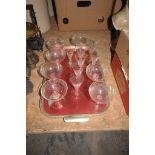 Seven Edwardian champagne saucers, etched sherry g