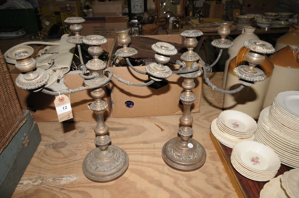 A Pair of silver plated three branch candelabra ra