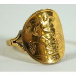 A 1913 bent half sovereign ring To a 9ct gold shank, ring size Q, weight 5.