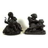 A pair of good bronze figures One depicting a bacchanalia scene of cherubs and another of a goat