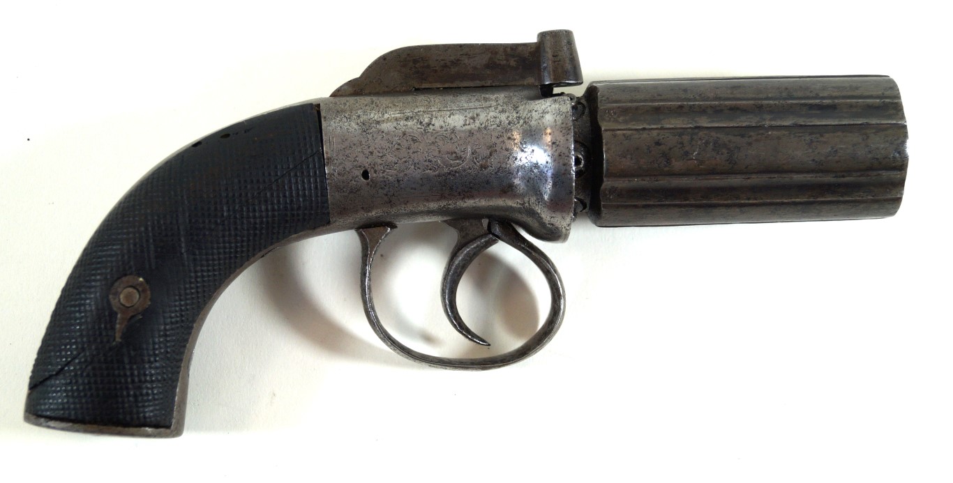 A six barrelled percussion cap pepper box pistol, mid 19th Century The 7.