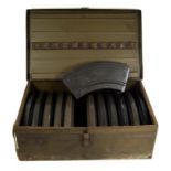 A WWII period green painted tin containing 12 Bren gun magazines The tin marked 1st Reg 2sek jeep.