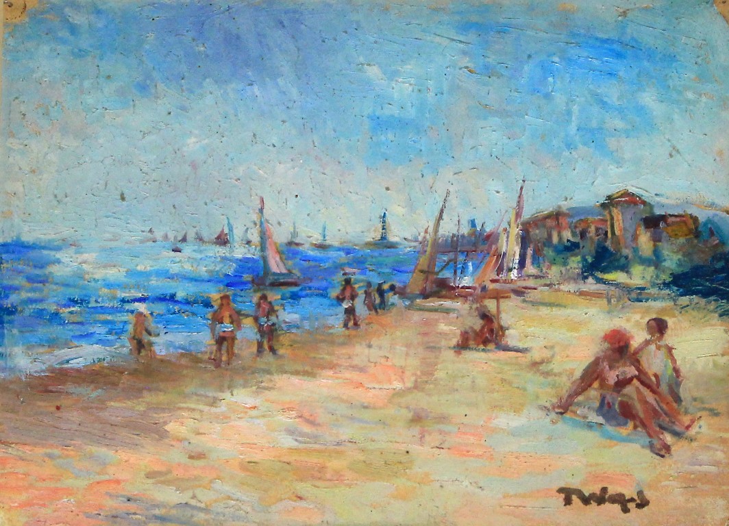 Tadeusz Was (Polish, 1912-2005) - St Georges Beach, Italy, 1945' Oil on paper, signed, titled verso,