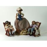 Lladro, three matt glazed figures To include a Dutch girl gathering straw, height 25cm,
