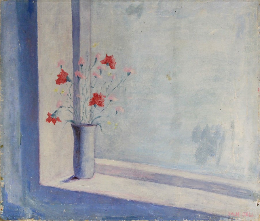 Julie Bell (20th Century) - 'Still Life with vase of flowers on a ledge' Oil on canvas, signed,