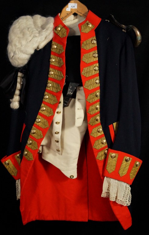 A good quality late 18th Century style artillery officers uniform Comprising blue coat with red