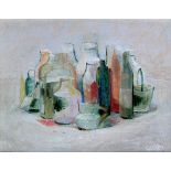 British School (20th Century) - 'Still Life with Bottles and Jars' Oil on canvas, bears monogram,