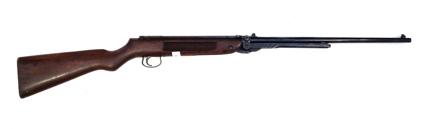 A .22 calibre Webley Mark 3 air rifle 47cm barrel, wooden stock.