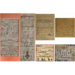 A collection of six samplers, early 19th Century Near pair possibly done by siblings,