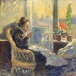 Danish School (20th Century) - 'Interior Scene' (lady sat in wicker chair reading a paper by a