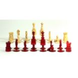 A thirty two piece white and red stained bone chess set Height of king 8cm, height of pawns 3cm.