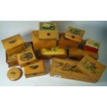 A collection of fourteen Mauchline ware boxes late 19th Century Lids decorated with birds,