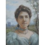 A Victorian painted glass panel of a lady The rectangular plaque with depiction of young lady