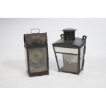 A Victorian black painted station lamp Of rectangular form, glass panelled sides, a pierced gallery,