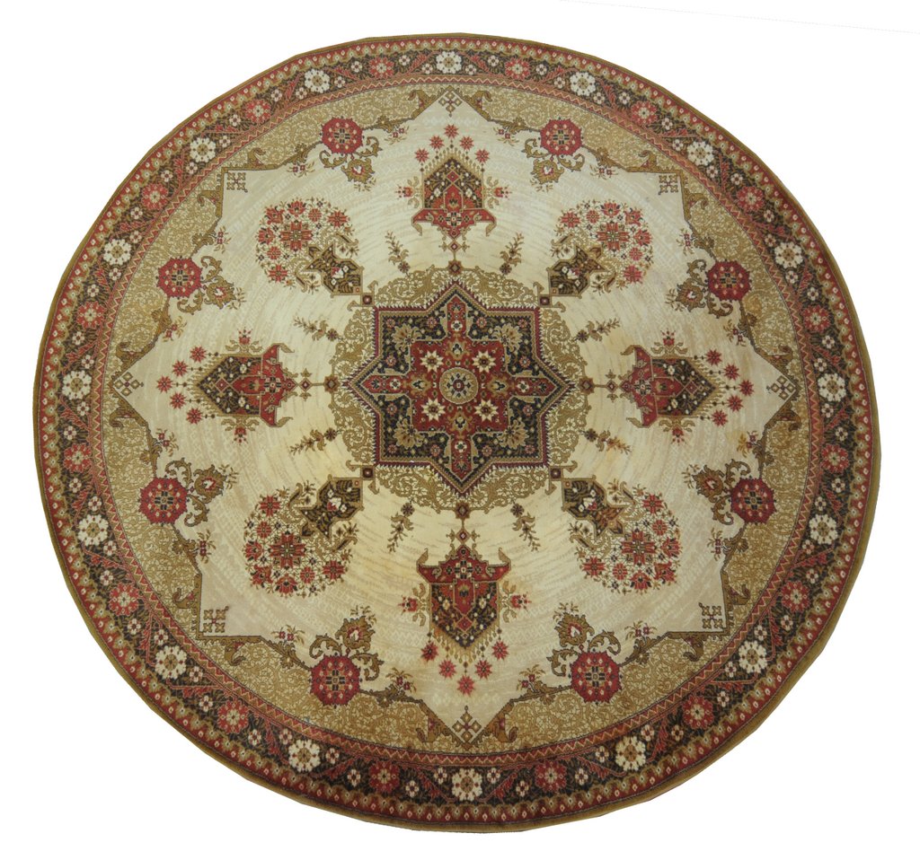 A Peshawar style rug Of circular form, with a predominantly ochre and gold ground,