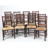 A harlequin set of twelve 19th Century Lancashire spindle back kitchen chairs,