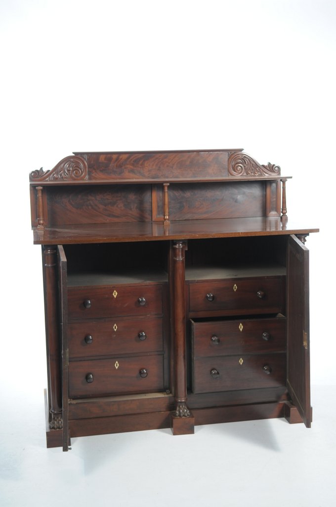 A Regency mahogany sideboard The raised back with a shelf supported by three ring turned tapering - Image 2 of 2