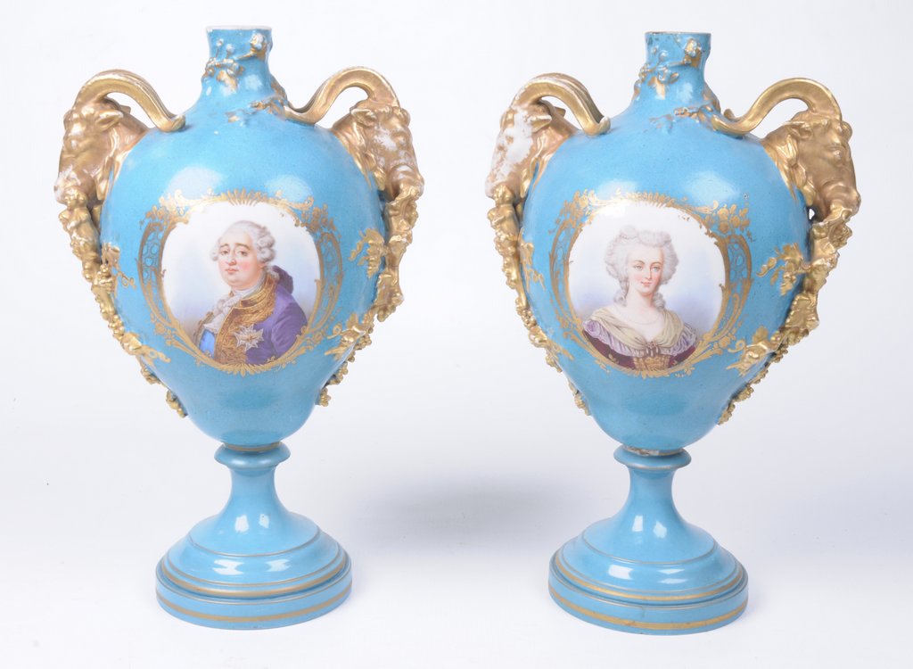 A pair of French porcelain Sevres style vases, late 19th Century Each of baluster form,