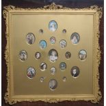 A 19th/20th Century portrait miniature framed montage The gilt frame with twenty one apertures,