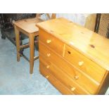 A modern pine chest of two short and three long drawers and a pine bar stool.